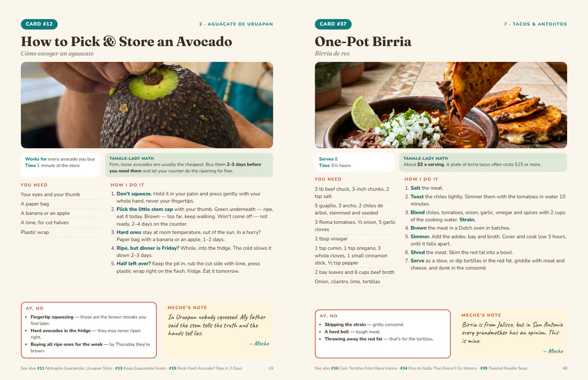 Two recipe card pages: How to Pick and Store an Avocado, and One-Pot Birria