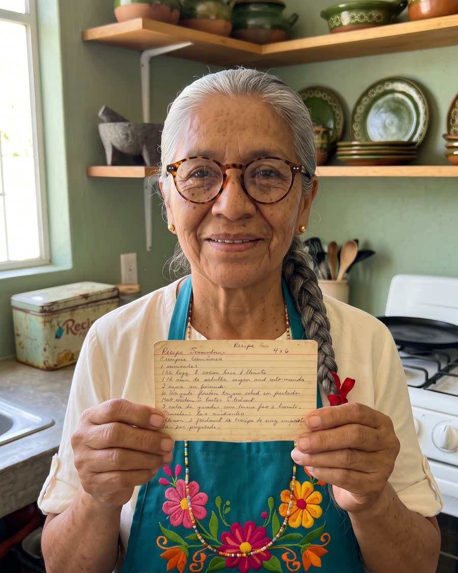 Abuela Meche holding a handwritten recipe card in her kitchen